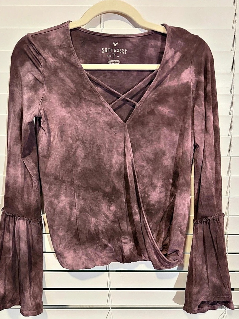 Soft & Sexy Bell Sleeve Wrap Blouse in Purple Size Small
